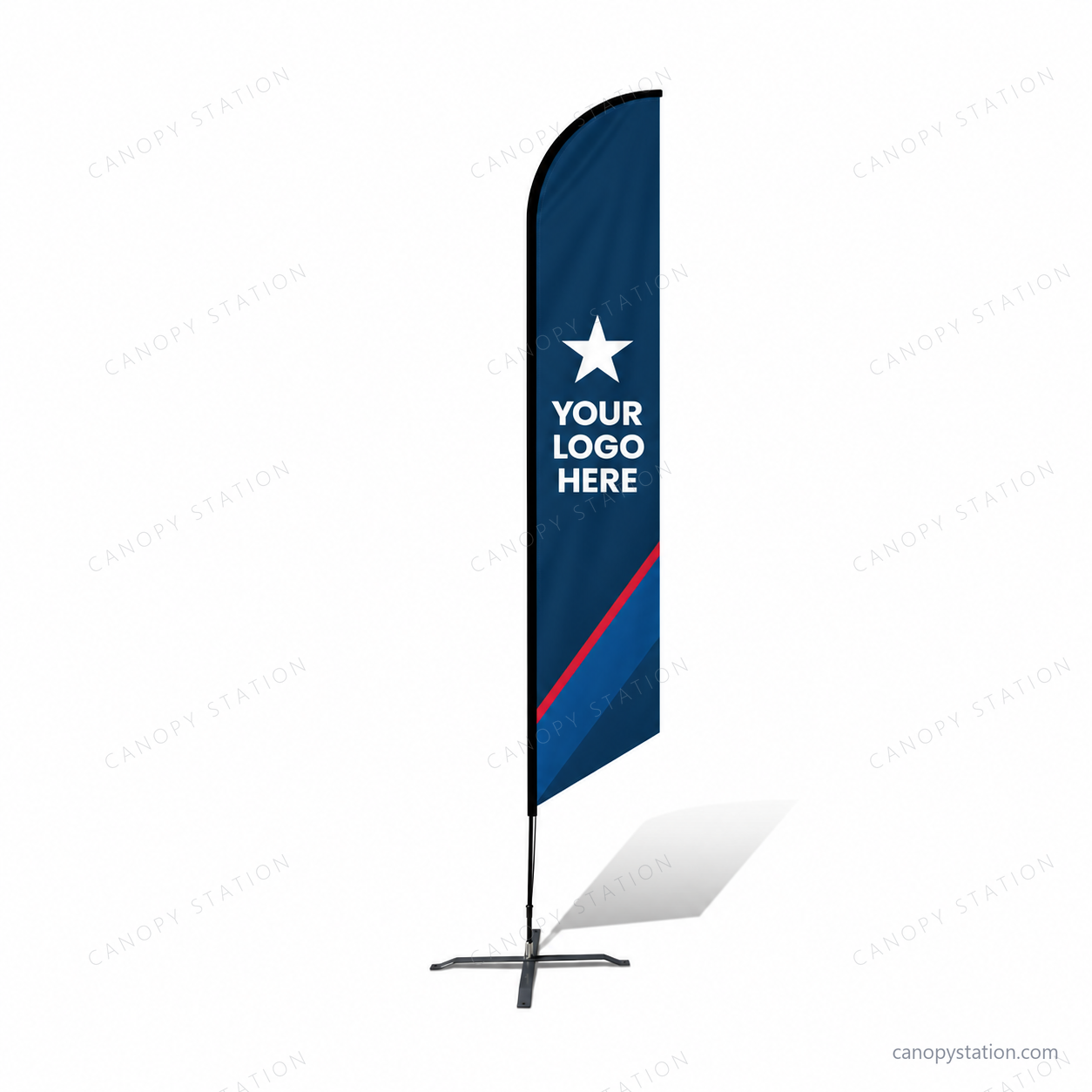 blade feather flags in navy and blue with white YOUR LOGO HERE star artwork