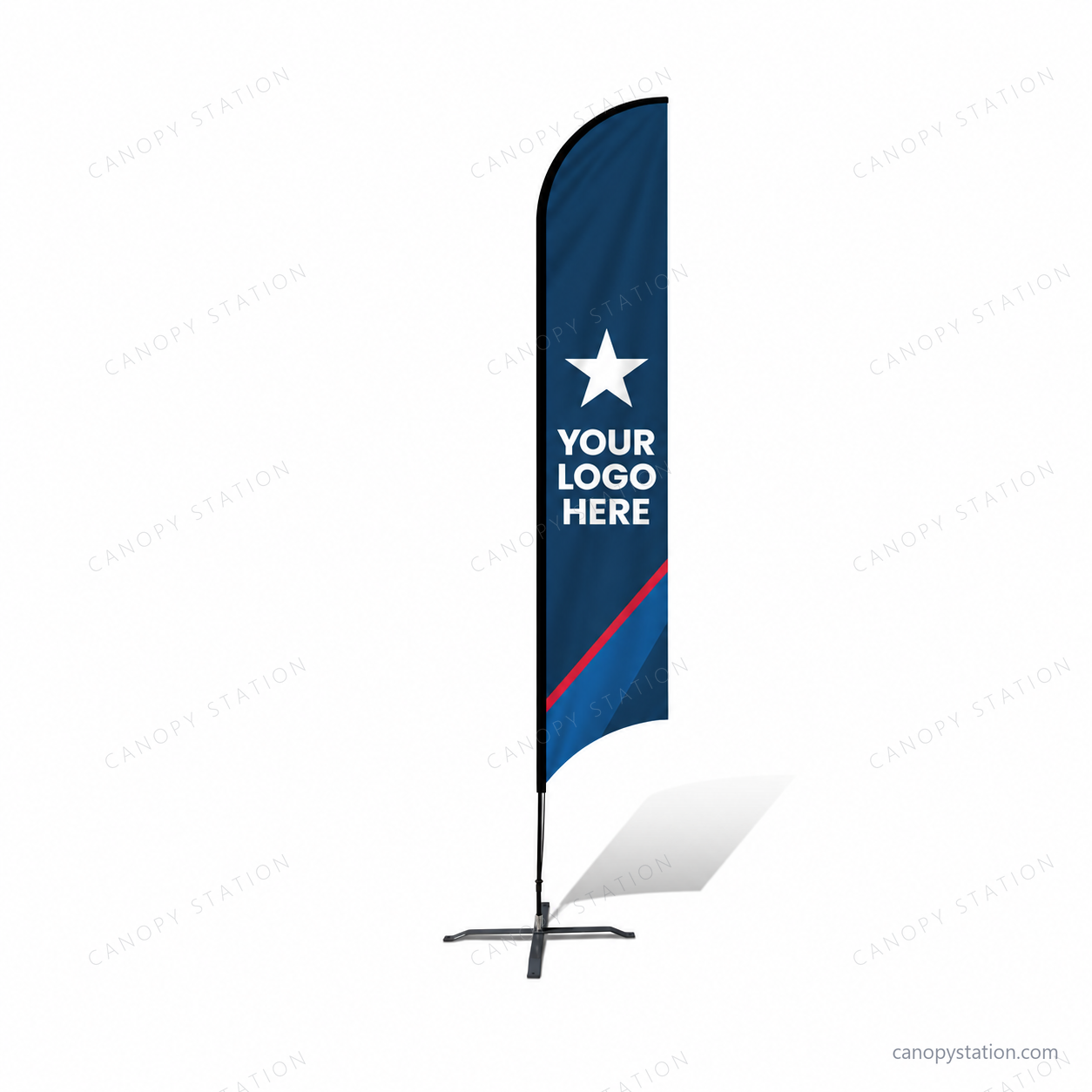 concave feather flags in navy and blue with white YOUR LOGO HERE star artwork