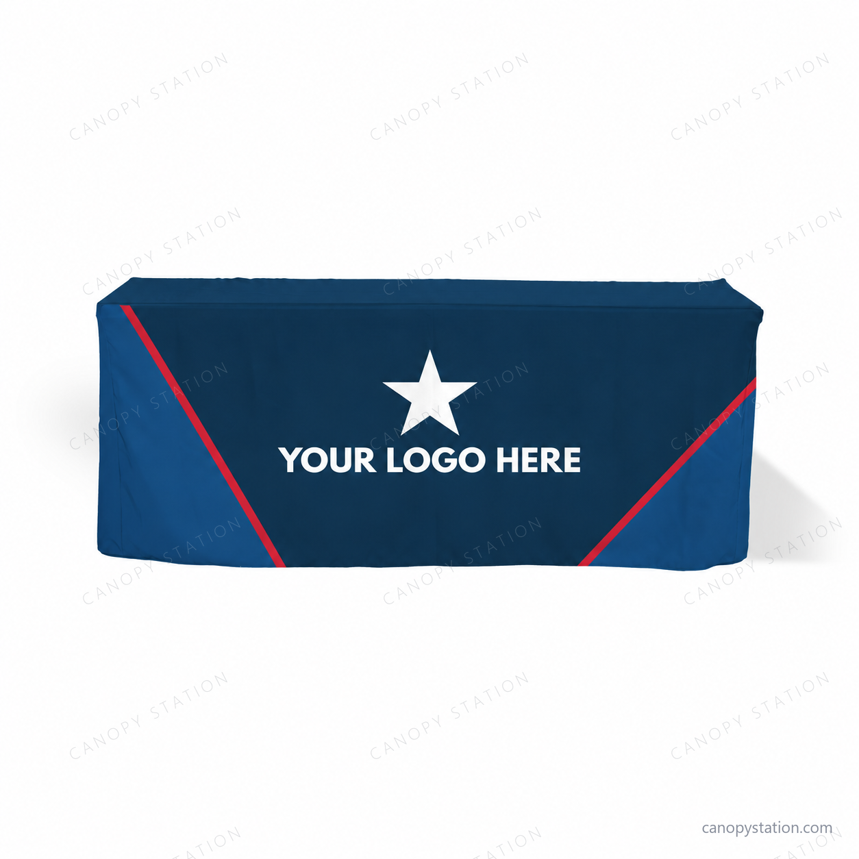 convertible throw table covers in navy and blue with white YOUR LOGO HERE star artwork