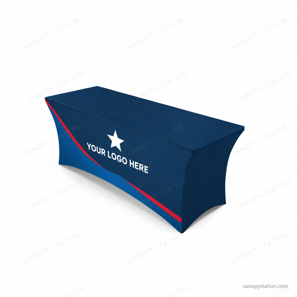 stretch table covers in navy and blue with white YOUR LOGO HERE star artwork - angled view