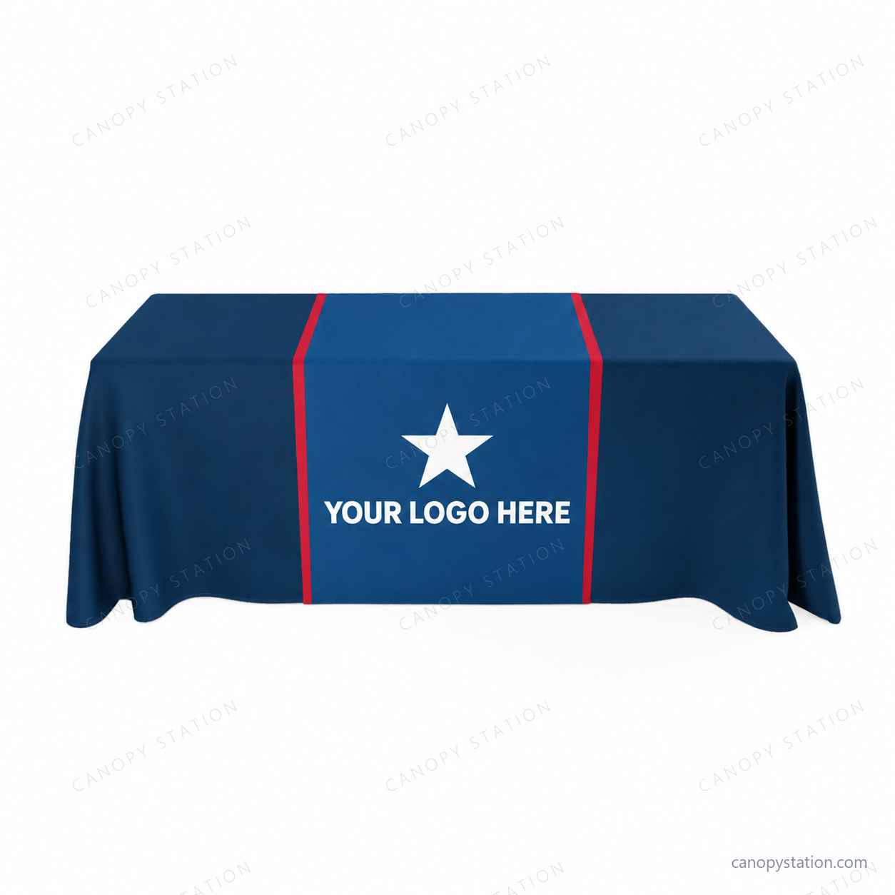 table runners in navy and blue with white YOUR LOGO HERE star artwork