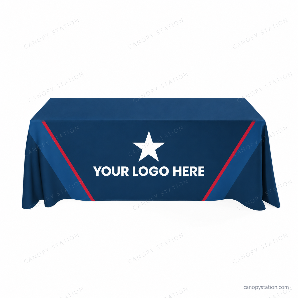 convertible throw table covers in navy and blue with white YOUR LOGO HERE star artwork